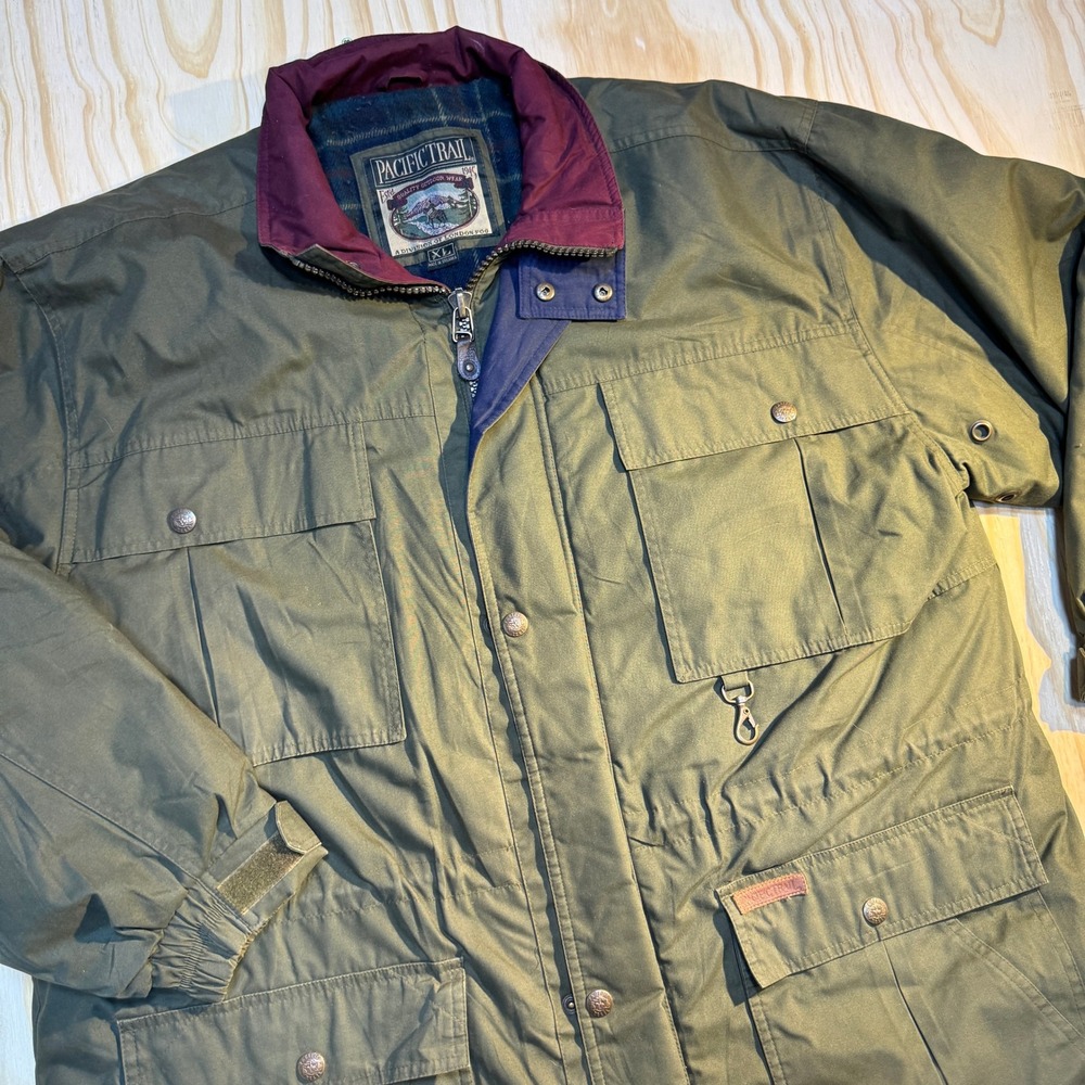 Pacific Trail Men's Vintage Plaid Lined Hooded Field Cargo Jacket Green Size XL